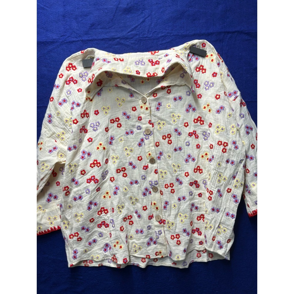 Cottagecore Womens Tru Luxe Jeans Floral Embroidered Gauze Shirt XL Cream
